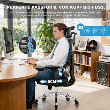 Ергономічне офісне крісло 200 кг | Регульована спинка 6P | 4D підлокітники | Безшумні гумові колеса | Регулювання глибини сидіння | Крісло для великих людей | Перевірено EN12520 | Пінощільність 45