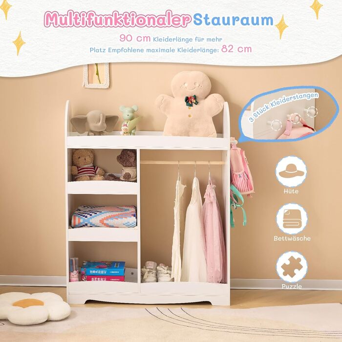 Дитяча шафа LALAHO для дитячої кімнати з 5 відкритими полицями та 3 гачками (біла)