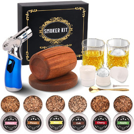 Набір для копчення коктейлів: 6 смаків, дерев'яні чіпси, форми для льоду, 2 склянки. Ідеальний подарунок для чоловіків