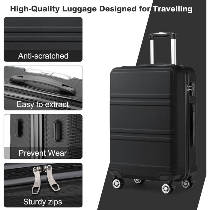 Чемодан KONO 24 дюйми, ABS, з TSA-замком, 4 колеса, 65×44×25.5 см, чорний, 3-частинний набір