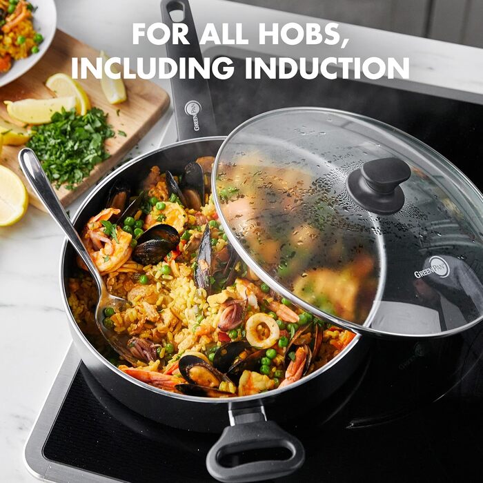 GreenPan Cambridge сковорода для тушкування з кришкою (24 см, 3,1 л), керамічне антипригарне покриття, без PFAS, для індукційних плит, придатна для миття в посудомийній машині, чорна
