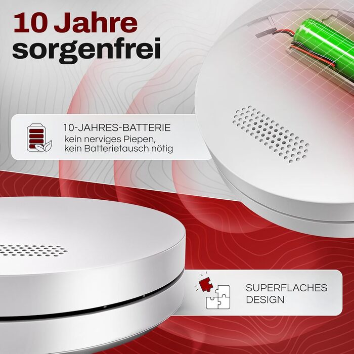 Датчик диму Rauchmelder на 10 років з батареєю, плоский, 3 шт. у комплекті, без свердління, без світлодіодного індикатора, для дому та офісу