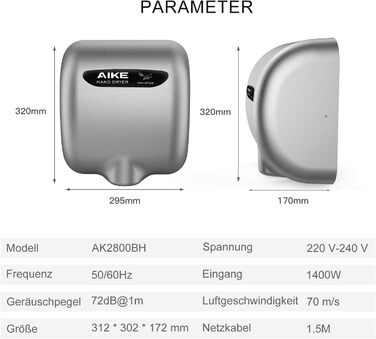 Електричний сушар для рук AIKE AK2800B ECO з сенсором, HEPA-фільтром та з нержавіючої сталі, 10-15 сек сушіння, екологічний