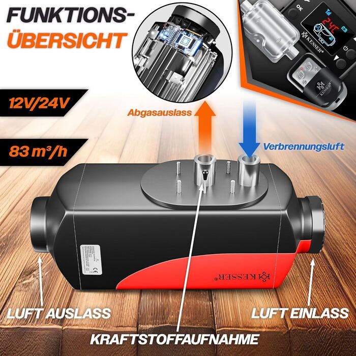 Дизельний опалювач KESSER® 8kW з таймером, LCD-дисплеєм та пультом дистанційного керування | Швидкий нагрів | Опалювач повітря з шумопоглиначем та термостатом (Червоний, 8кВт) Чорний / Червоний 8кВт