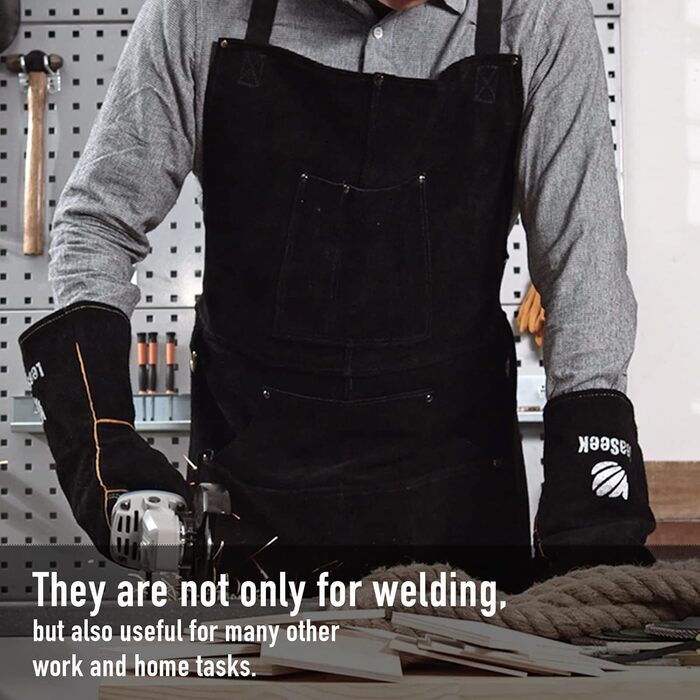 Фартух з шкіри для зварювальників LeaSeek, термостійкий та вогнестійкий, 6 кишень, 42' x 36' з рукавичками