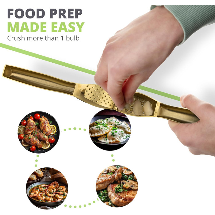 Преміум-прес для часнику Oliver's Kitchen® - зручний та легко миється - подрібнює часник та імбир без проблем (не потребує очищення) - надзвичайно міцний та зносостійкий (матова золота поверхня)