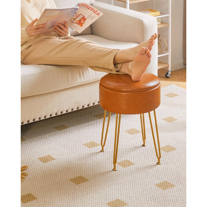 Пуф-табуретка з велюру круглої форми, золоті ніжки, для макіяжу та відпочинку, L/G-30P (з ящиком для зберігання, світло-коричневий)