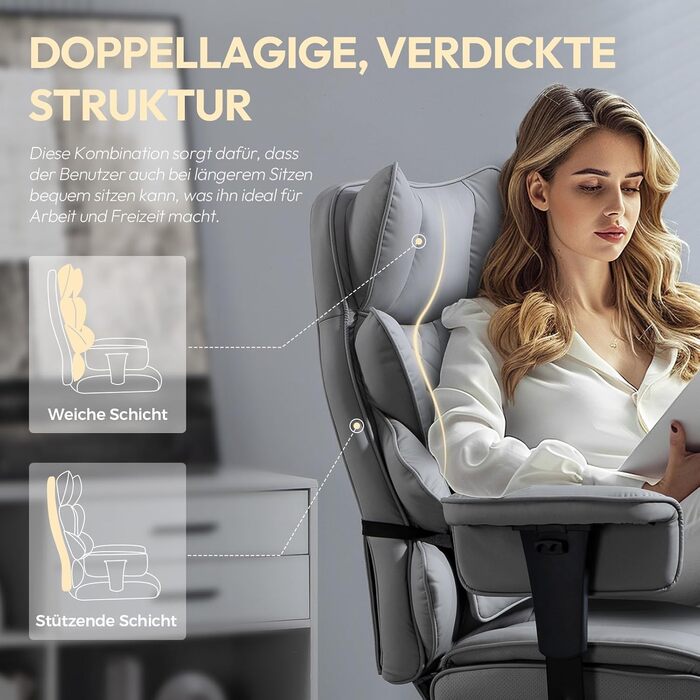 Ігровий крісло Dowinx, офісне ергономічне крісло з кишеньковим пружинним сидінням, крісло для начальника з подвійною м'якою спинкою, регульовані підлокітники та підставка для ніг, комп'ютерне крісло, PU, сірий колір