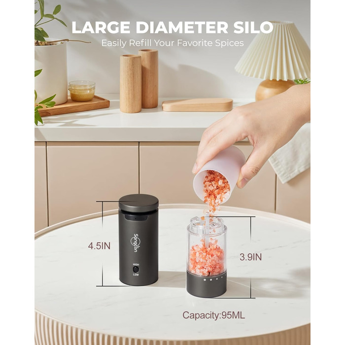 Електричні млини для солі та перцю Sangcon, 2 швидкості, перезаряджувані, 6 ступенів помелу, автоматичний набір з док-станцією, для зручного використання, сірий + чорний