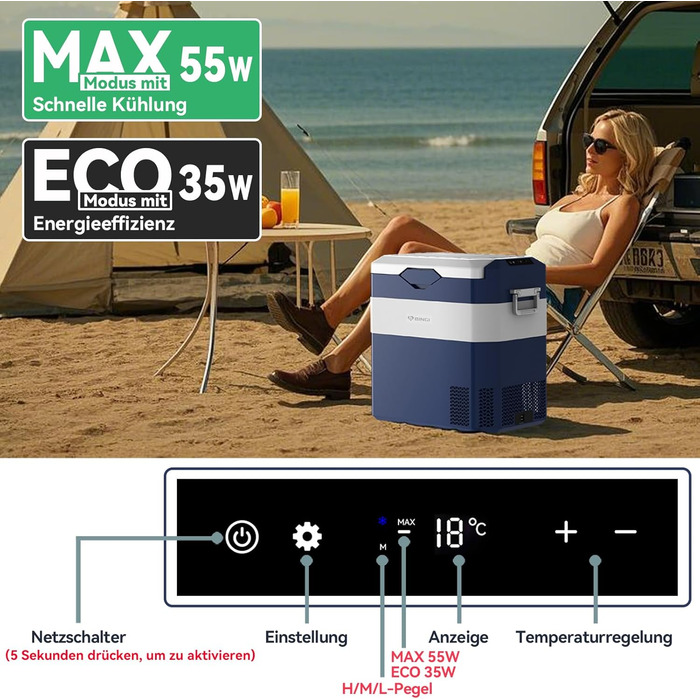 Автохолодильник BINGI 18л портативний 12/24V, 230V з функцією морозильника (-18°C до 15°C) для авто, кемпінгу, дому (синьо-білий)