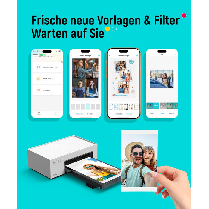 Портативний фотодрук для смартфонів Liene (10x15 см) + 2 пачки фотопаперу (20+80 листів), WiFi, сумісний з iPhone/Android/PC, 300 DPI, кольорова сублімація, білий