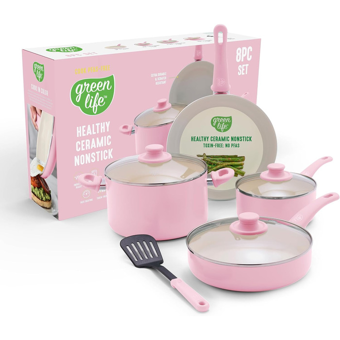 Набір посуду GreenLife Soft Grip 8 предметів: антипригарне покриття, кераміка, рожевий колір, з кришками, для приготування та тушкування
