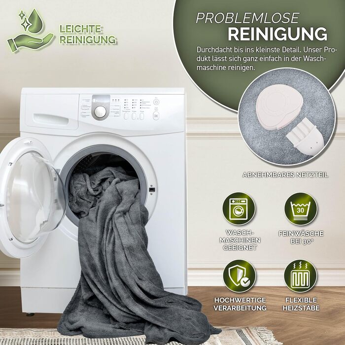 Електрична гріюча ковдра з плюшем | 160x120 см, світло-сіра | 9 температурних режимів, таймер, відключення, прання 40°C