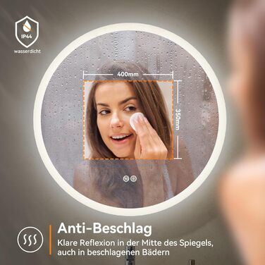 Дзеркало для ванної кімнати HOROW Кругле з підсвіткою 80см LED, регульоване, антизапар, без рами, IP44, 80x80 см