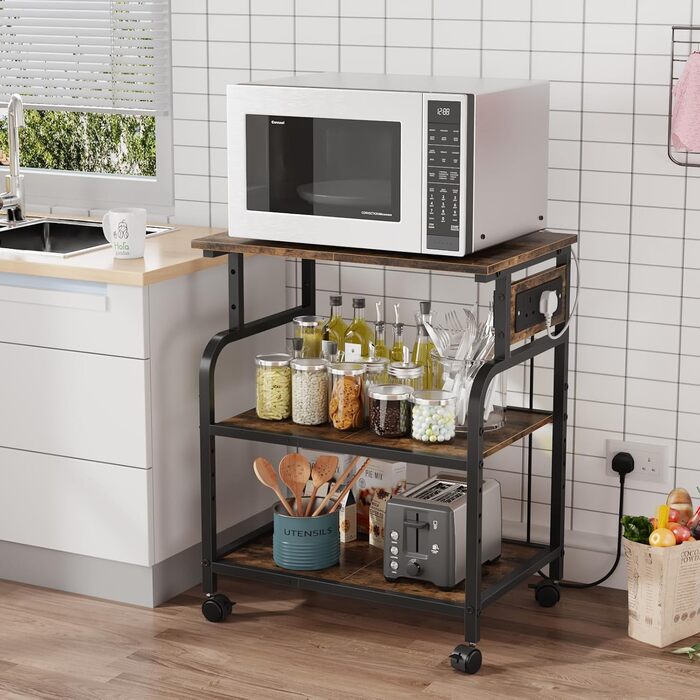 Трьохрівневий стіл для принтера з розеткою та USB-портами, регульовані полиці, роликовий стійка для принтера для дому/офісу, 3D/лазерний принтер, термопрес (Бюстик Браун, 60 см)