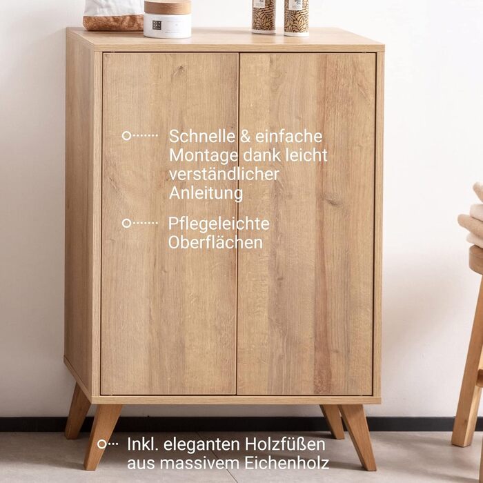 Підставка під раковину Fackelmann Finn, коричневий світлий, 60 см, ретро стиль, Push-to-Open, ніжки, зроблено в Німеччині (дуб, тумба середнього розміру)