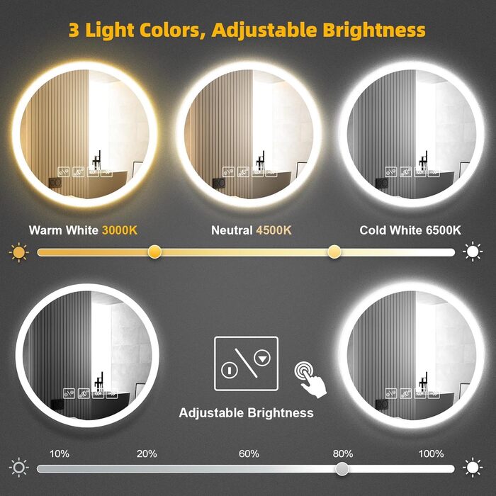 Круглий дзеркало для ванної кімнати з підсвічуванням, 60 см, LED, Bluetooth, сенсорне управління, регулювання кольору (3000K-6500K), диммування, HD-загартоване скло, 600x600 мм