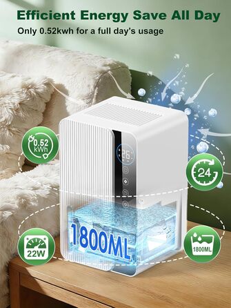 Електричний осушувач повітря 1800 мл, енергозберігаючий для спальні та ванної кімнати, 22,5W, тихий режим, таймер, автовимкнення (700 мл/день)