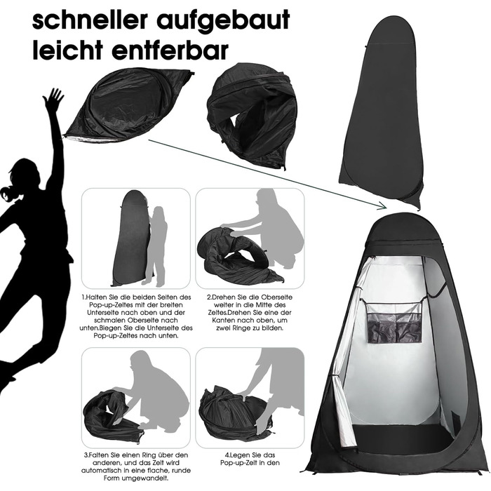 Намет для туалету та душу, переносний, Pop-Up, для кемпінгу та пляжу, з UV захистом 50+, чорний