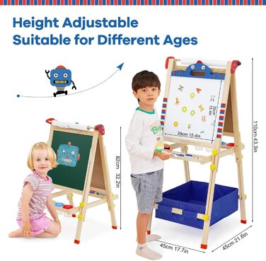 Дитяча мольберт Kinder Staffelei з двома сторонами, регульована висота, з роликом для паперу, аксесуари, підставка для речей (робот)