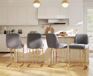 Набір з 2 барних стільців з велюру з золотистими металевими ніжками, з підлокітниками, для кухонного острова/домашнього бару, сірий