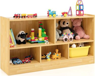 Дитяча шафа для іграшок COSTWAY дерев'яна, полиця для іграшок з 2 великими відділеннями та 3 маленькими відділеннями, відкрита, дитяча полиця для іграшок, ляльок та книг, (натуральний колір, 111 x 30 x 61,5 см)