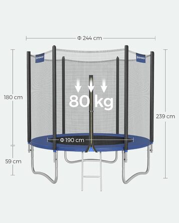 Батут SONGMICS для саду Ø244 см з захисною сіткою, драбиною та м'якими стійками, блакитний