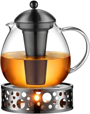 Скляний скляний Срібний чайник з нержавіючої сталі 18/8, сито для чаю з боросилікатного скла, чайник, підходить для підігріву чаю (Тип4-2, чорний чайник з ручкою, 1500 мл)