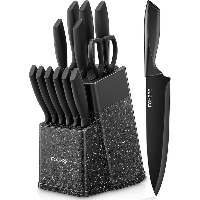 Набір ножів FOHERE 13 предметів з підставкою, нержавіюча сталь, з інтегрованим точилом, антипригарне покриття, ергономічні ручки, чорний граніт