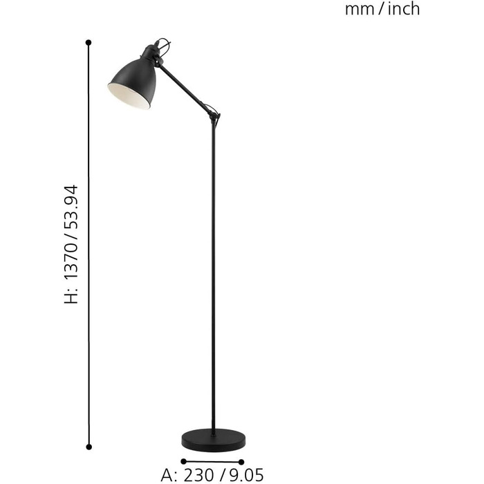 Торшер EGLO Priddy, вінтажний промисловий дизайн, ретро лампа для читання, метал, чорний/білий, цоколь E27