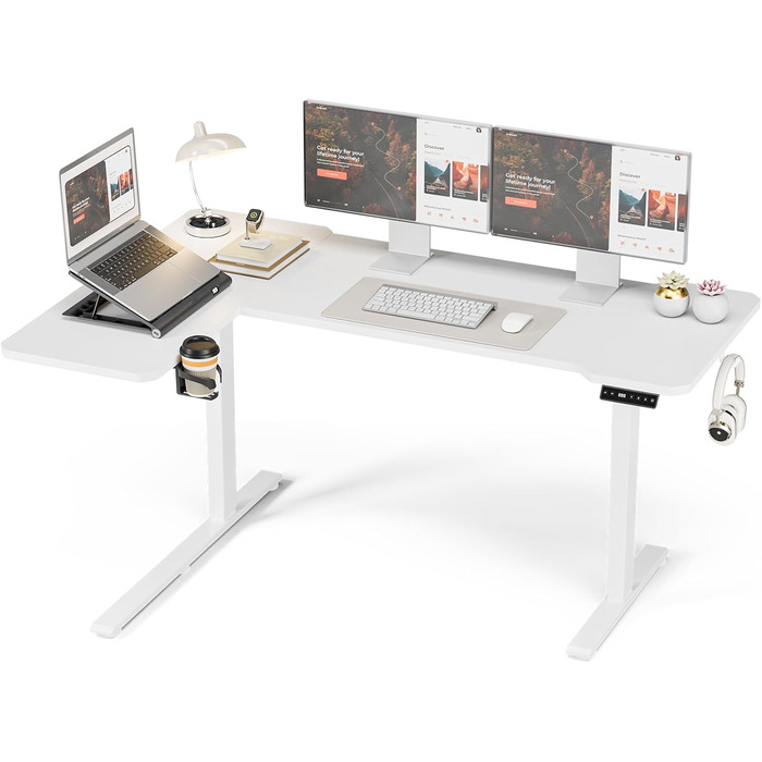 Кутовий стіл з регулюванням висоти 150x100 см, електричний, ергономічний, білий. З підстаканниками та гачками.