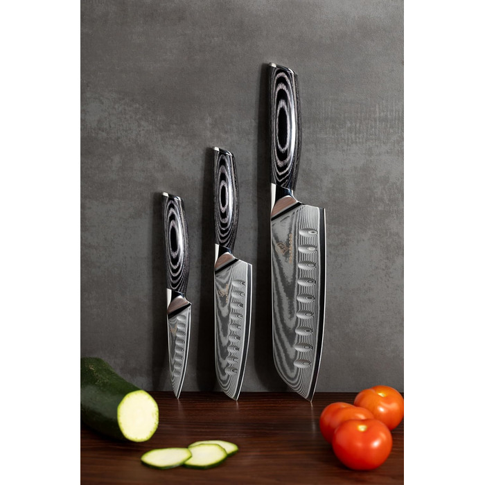 Набір кухонних ножів Wolfblood PRO 3 шт. Дамаск XL (31, 23, 19 см) з нержавіючої сталі 67 шарів, з дерев'яною ручкою, подарункова коробка та захист леза. Перевірено TÜV, твердість 62 HRC