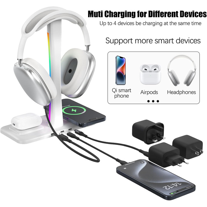 Підставка для навушників з бездротовим зарядним пристроєм, RGB-підсвічуванням, сумісна з AirPods Max, iPhone, Samsung. Подарунок для геймера