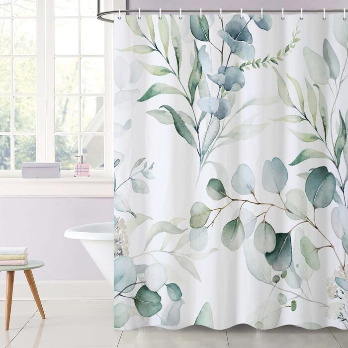 Шторка для душу 180x220 см, антигрибкова, з тропічним дизайном (зелені пальмові листя, евкаліпт, гриби), водонепроникна, з поліестеру, придатна для прання, для ванної кімнати, з 12 гачками