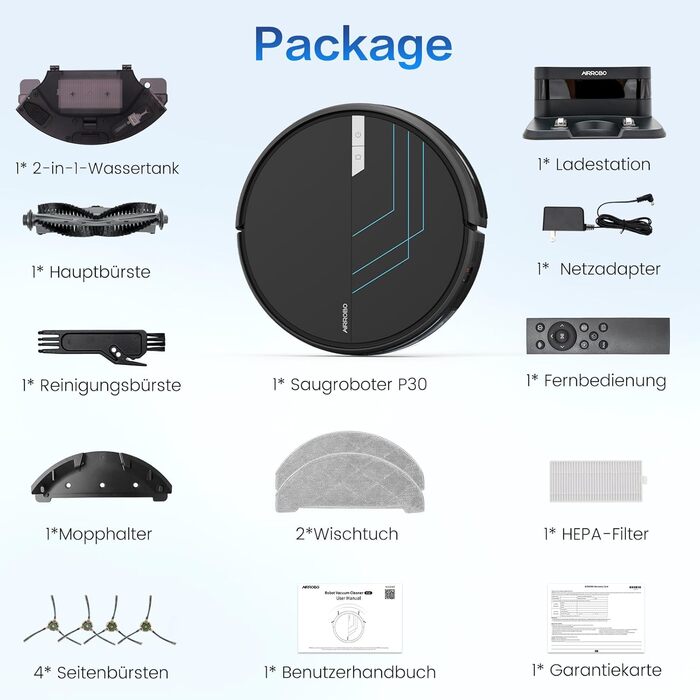 Робот-пилосос AIRROBO P30 з функцією миття підлоги, 3000Pa, 3-в-1, для тварин, килимів, твердих підлог, з пультом керування, 120 хв роботи, чорно-синій