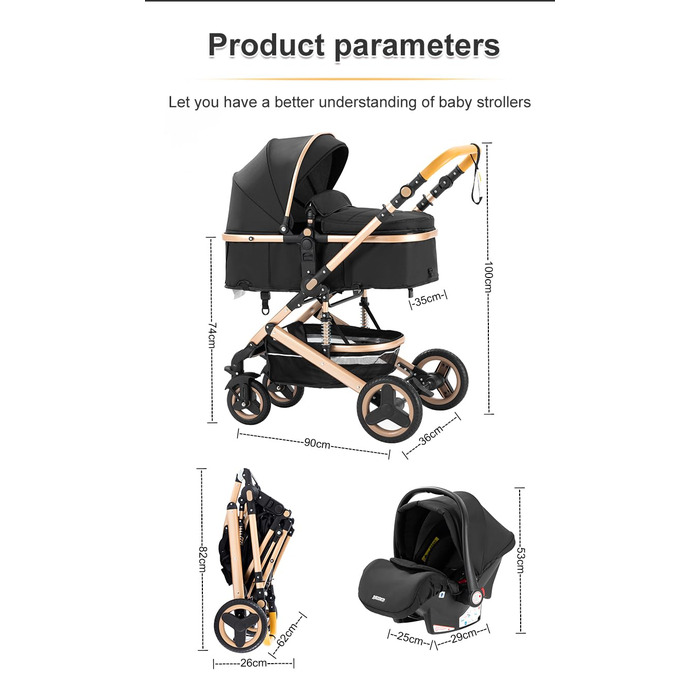 Дитяча коляска YAZOCO 3 в 1: Buggy, Babybett, Комплект. Компактна, складна, з алюмінієвим каркасом для новонароджених (2 шт. чорного кольору)