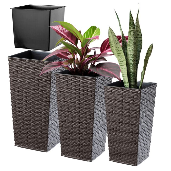 Набір з 3 горщиків для квітів KADAX, Мокко Ратан, 36/46,5/57,5 см, вологостійкий пластик