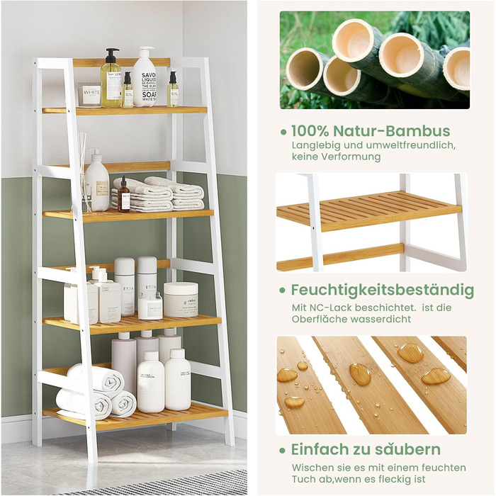 Багатофункціональна бамбукова полиця VIAGDO з 4 ярусами для ванної кімнати, книг, взуття, рослин, балкону, квітів. Білий колір