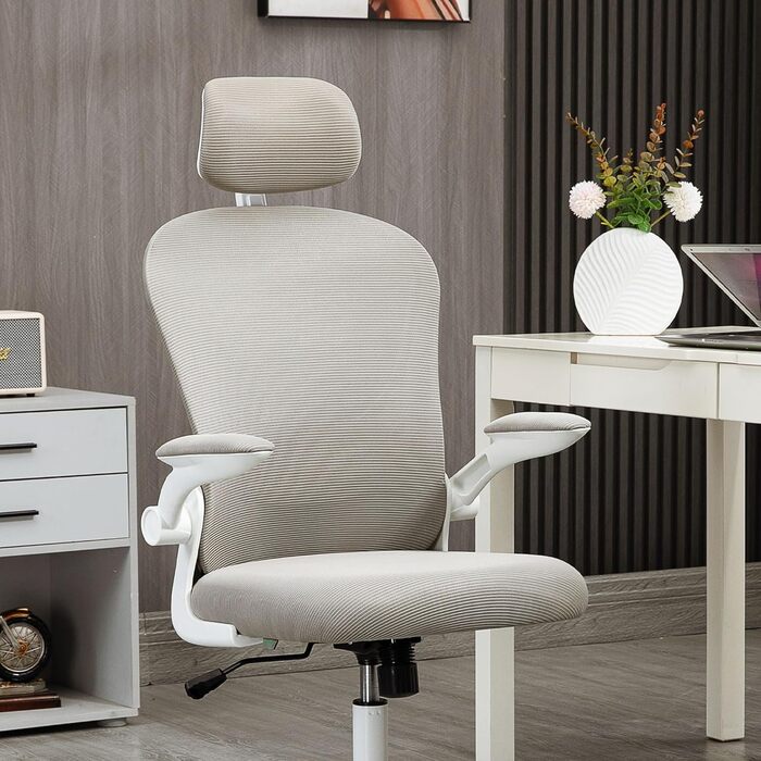 Офісне крісло Vinsetto з високою спинкою, сітчаста тканина, комп'ютерне крісло з обертовою підголівником, 4D поперекова підтримка, відкидні підлокітники, регульована висота, Білий (Сірий)