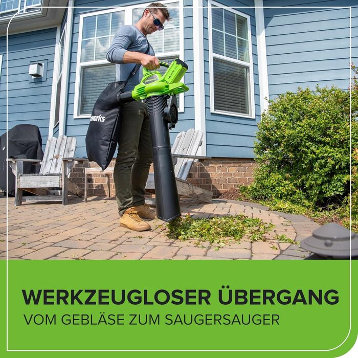 Акумуляторний листозбірник/лістовий повітродув Greenworks 40V GD40BVK2X з безщітковим двигуном, 370 км/год, 14.17 м³/хв, 45л мішок для збору листя, 3 роки гарантії, 5Ah акумулятор та універсальне зарядне пристрій + бонусний акумулятор 4Ah