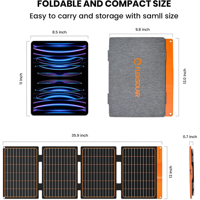 Сонячна панель 20 Вт, сонячна панель Flexsolar Складна 2-портова (USB-A, USB-C) сонячна панель, портативна легка аварійна панель ETFE, водонепроникна IP67, Походи, Кемпінг, для мобільних телефонів Акумулятори Планшети Power Bank (40 Вт)