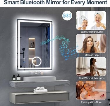 Дзеркало для ванної кімнати S'bagno Bluetooth з підсвічуванням 100x70 см, LED, протитуманне, диммер, Bluetooth, HD скло, IP44, горизонтальне/вертикальне
