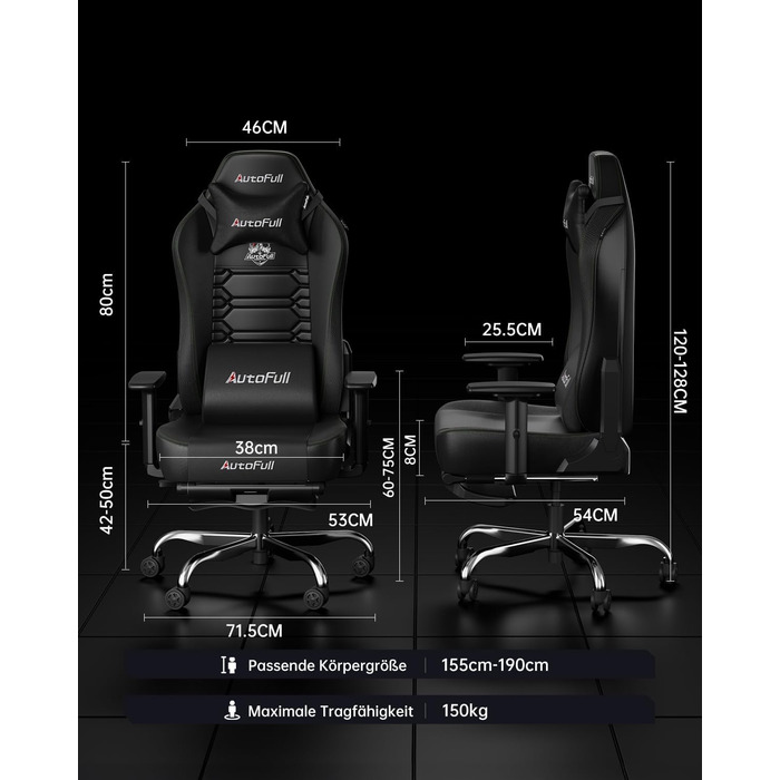 Ігровий крісло AutoFull C3: ергономічне, з 2D підлокітниками, підставкою для ніг, подушками для голови та попереку | Макс. вага 150 кг | Чорний зразок тканини