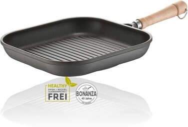 Сковорода для гриля Bonanza Bonanza Індукційна 28 см, квадратна сковорода з 3-шаровим антипригарним покриттям і дерев'яною ручкою, придатна для використання на будь-якій плиті