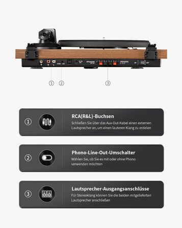 Вініловий програвач Angels Horn Vintage з Bluetooth, Hi-Fi, зовнішніми поличними колонками, вбудованим фонокоректором, двошвидкісний (33/45 об/хв), з картриджем AT-3600L, ремінний привід