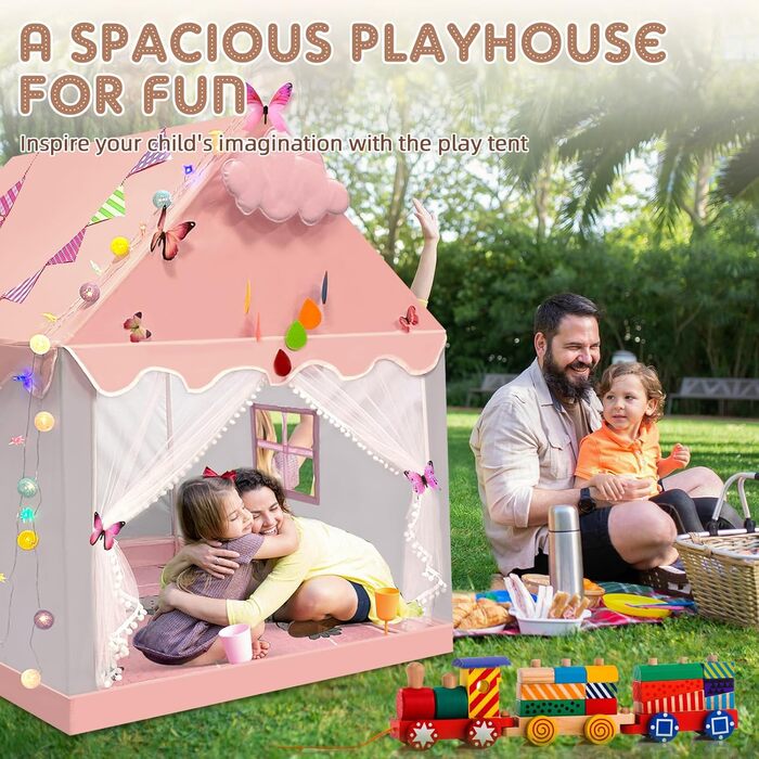 Дитячий намет критий з Starlights & Mat, великий ігровий намет 130x120x100см (рожевий і сірий)