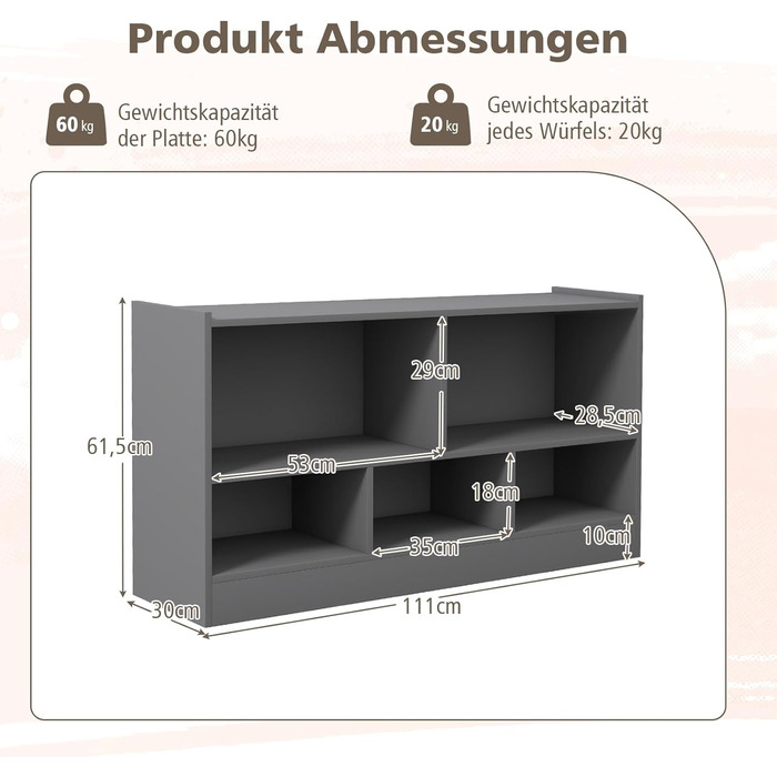 Дитяча полиця GOPLUS, Дитяча книжкова шафа з 5 відділеннями, Нековзні підніжки та закруглені кути, Полиця для іграшок для вітальні, Дитячої кімнати та дитячого садка, 112 30,5 61 см (Сірий)