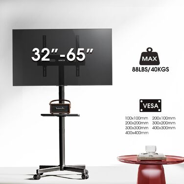 Підставка для телевізора на колесах для 32-65 дюймів, чорна, до 40 кг, VESA 400x400 мм