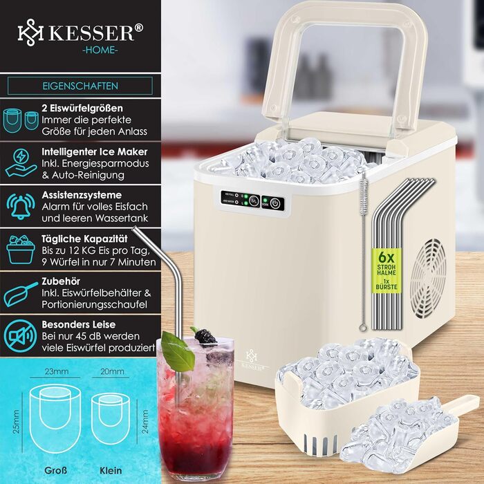Машина для приготування льоду KESSER® з нержавіючої сталі, 12 кг/24 год, LED-дисплей, самоочищення, 2 розміри кубиків льоду, 2.2 л резервуар