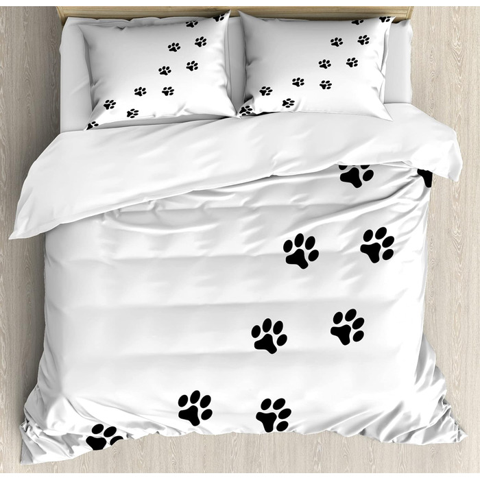 Набір підковдр для односпальних ліжок ABAKUHAUS Dog Paws, доріжка з анімалістичним принтом, стійкий до кліщів, підходить для алергії з наволочкою, (130 x 200 см - 70 x 50 см, вугільно-сіро-білий)